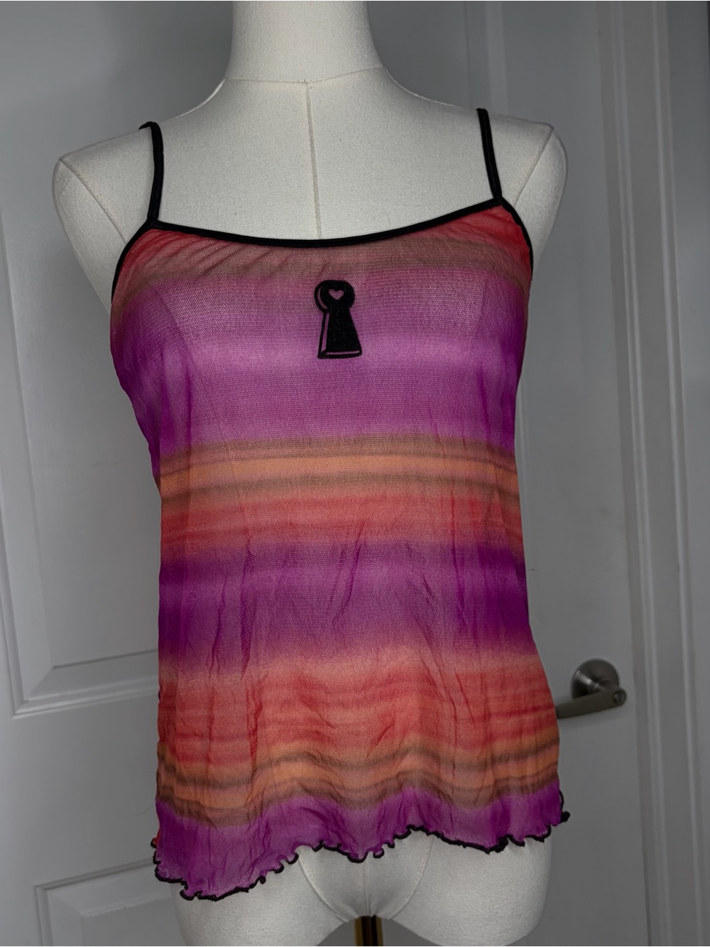 Pink Purple Mesh Multicolor Strappy Tank Top Cami Lettuce Hem Whimsigoth Grunge